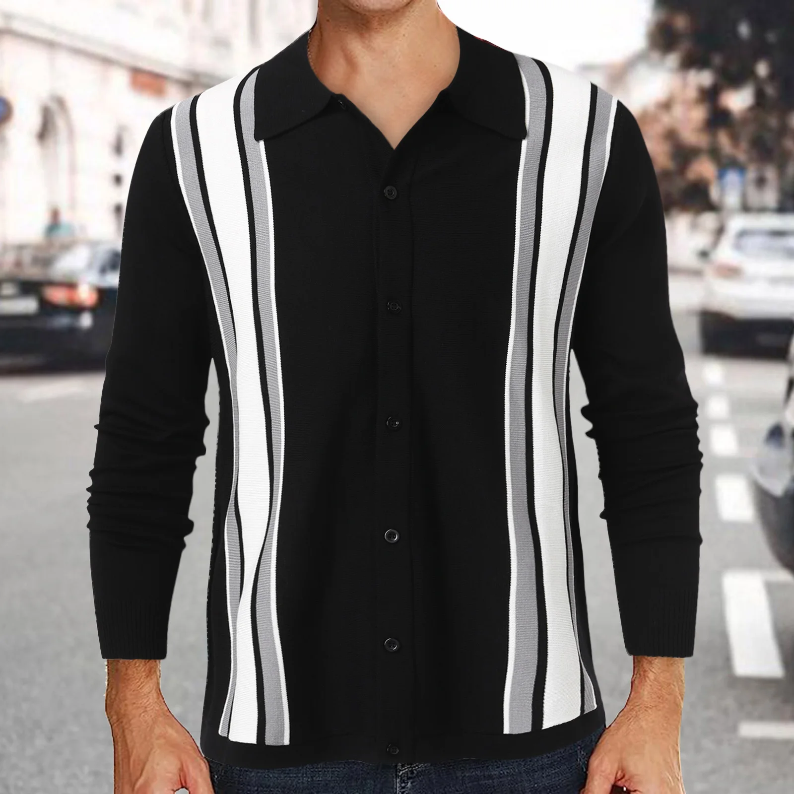

Mens Striped Button Elastic Knitted Long Sleeve Cardigan Sweater Cardigan Fitness Shirt Loose Streetwear Art Painting Trend