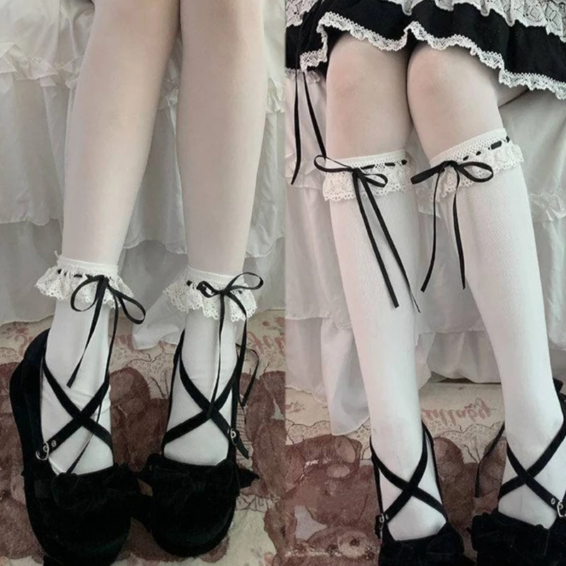 

Womens Socks Vintage Lace Trims Bowknot Socks Thin Middle Tube Socks
