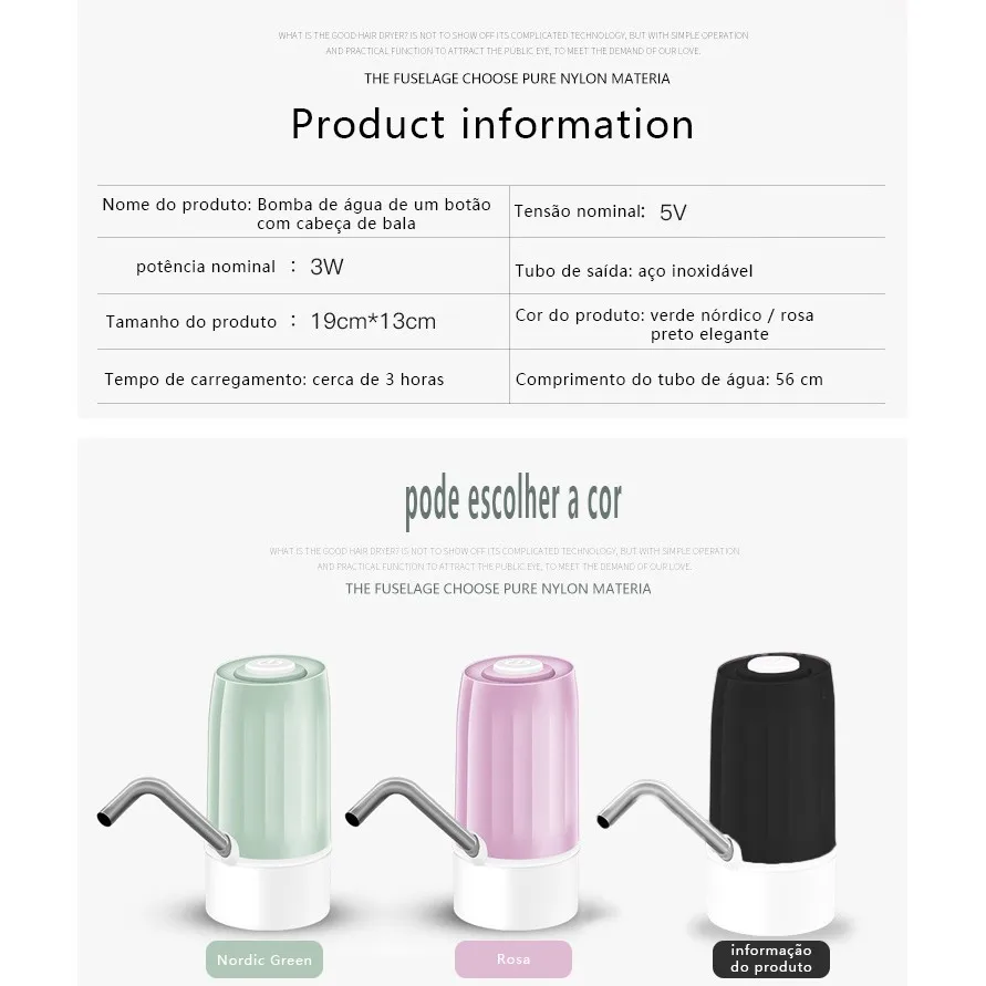 Bivolt Universal Electric Pump with USB Charging for Gallon Water Bottle up to 20 liters 3W Rechargeable Filter Promotion