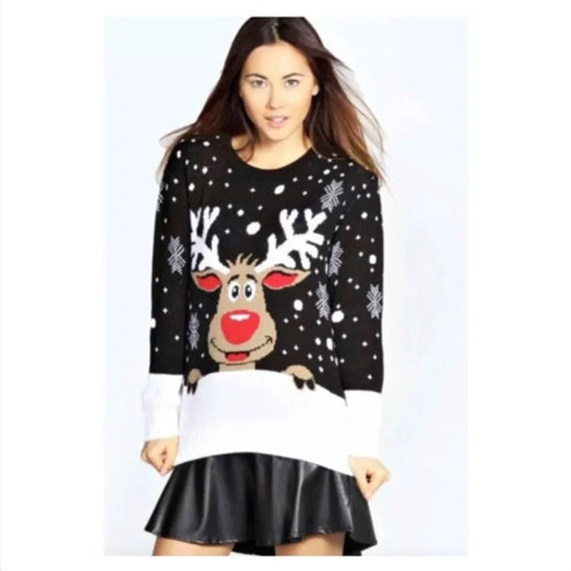Women Loose Christmas Fawn Pullover Knit Jacquard Bottoming Sweater