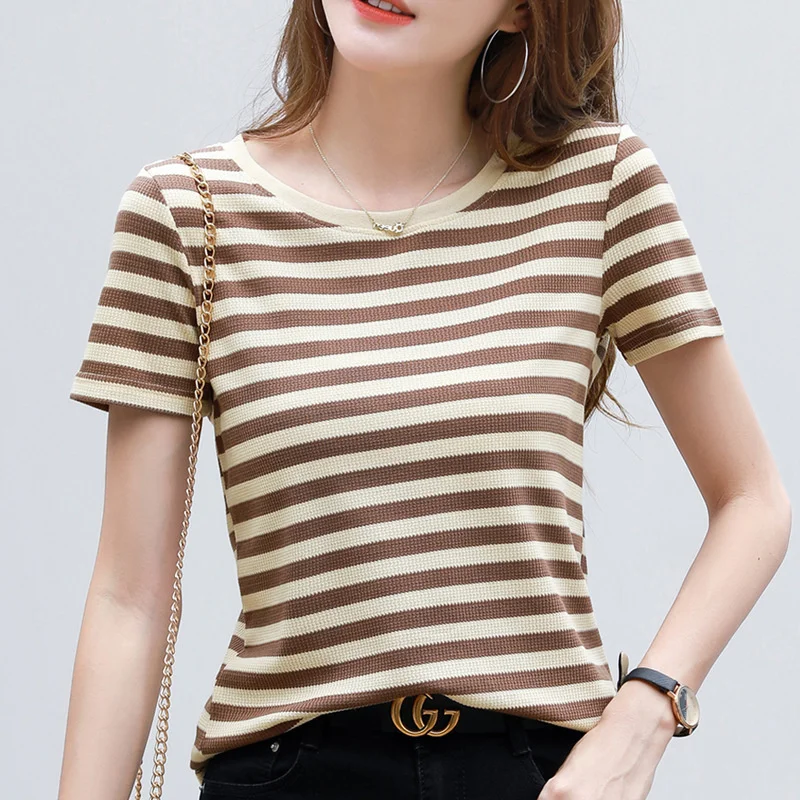 #0203 летняя полосатая футболка женская короткая с круглым вырезом коротким