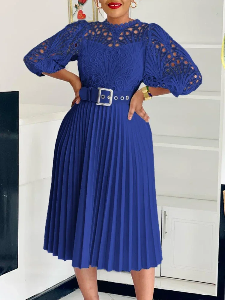Женское кружевное платье с поясом элегантное Плиссированное ажурное