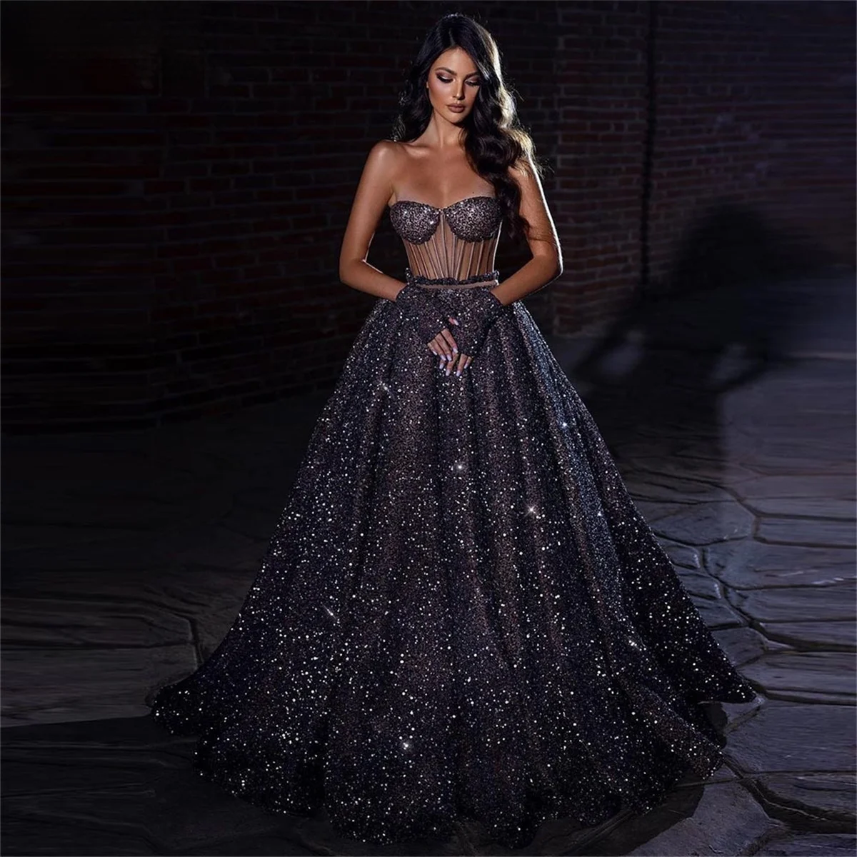 

2022 Sexy Sparkly Prom Dresses Sweetheart Neck Off Shoulder A-Line Long Evening Party Gowns Sweep Train Vestido De Noche Formal