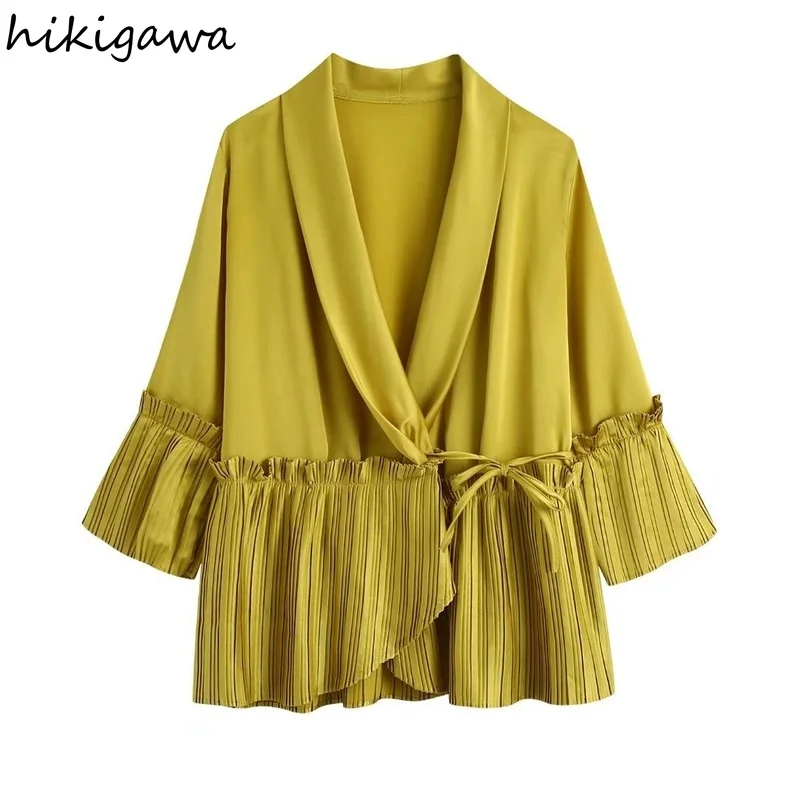 

Hikigawa Women Fashion Elegant Pleated Ruffled Shirts with Belt Vintage Solid Three Quarter Blouse Female Chic Tops Mujer