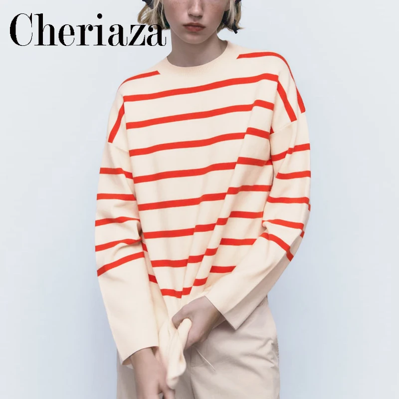 

Cheriaza Autumn Winter Woman Crew Neck Red Striped Sweater Casual Dropped Shoulder Long Sleeves Knitted Sweaters Vintage Jumper