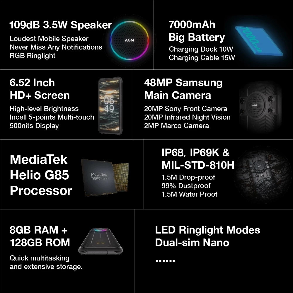 AGM H5 Pro Global Version Night Version Waterproof Phone 8+128G Rugged Smartphone MTK G85 ,6.5