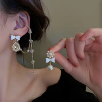 luxury pearl crystal dangle chain earrings for women bow tie stud earrings 2022 korean fashion girl sweet designer jewelry