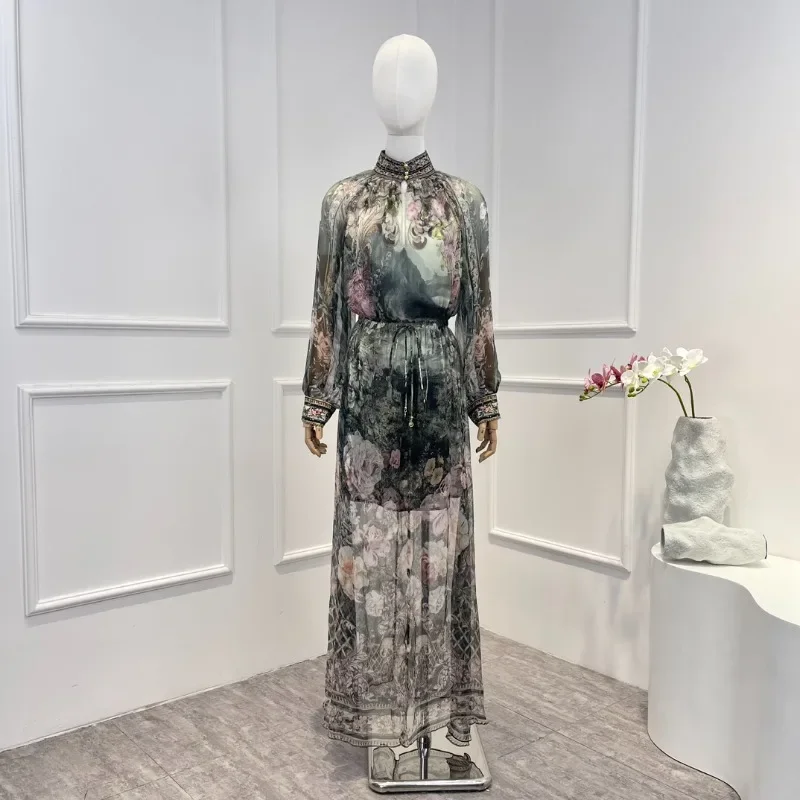

Женское шелковое платье миди, изящное винтажное платье с длинным рукавом, цветочным принтом и стразами, лето 2023