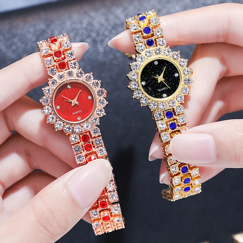

New Luxury Gold Quartz Crystal Watch Set Women Alloy Strap Watches Lady Fashion Rhinestone Gold Wrist Watch Precise Timing Reloj