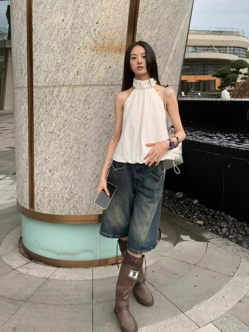 Американские винтажные джинсовые брюки свободные повседневные шорты до колена с