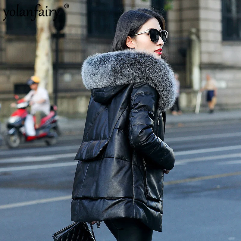 

Leather Genuine Jacket Women Fox Fur Hooded Winter Clothes Real Sheepskin Down Coat Warm Jackets Veste Femme ZM-069 KJ3134
