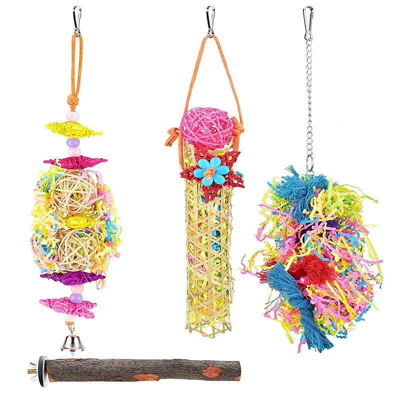 

4PC Bird Parrot Toy, Gnawing Paper Shredder Hanging Toy Bird Wooden Station, Suitable For Small And Medium Pet Birds