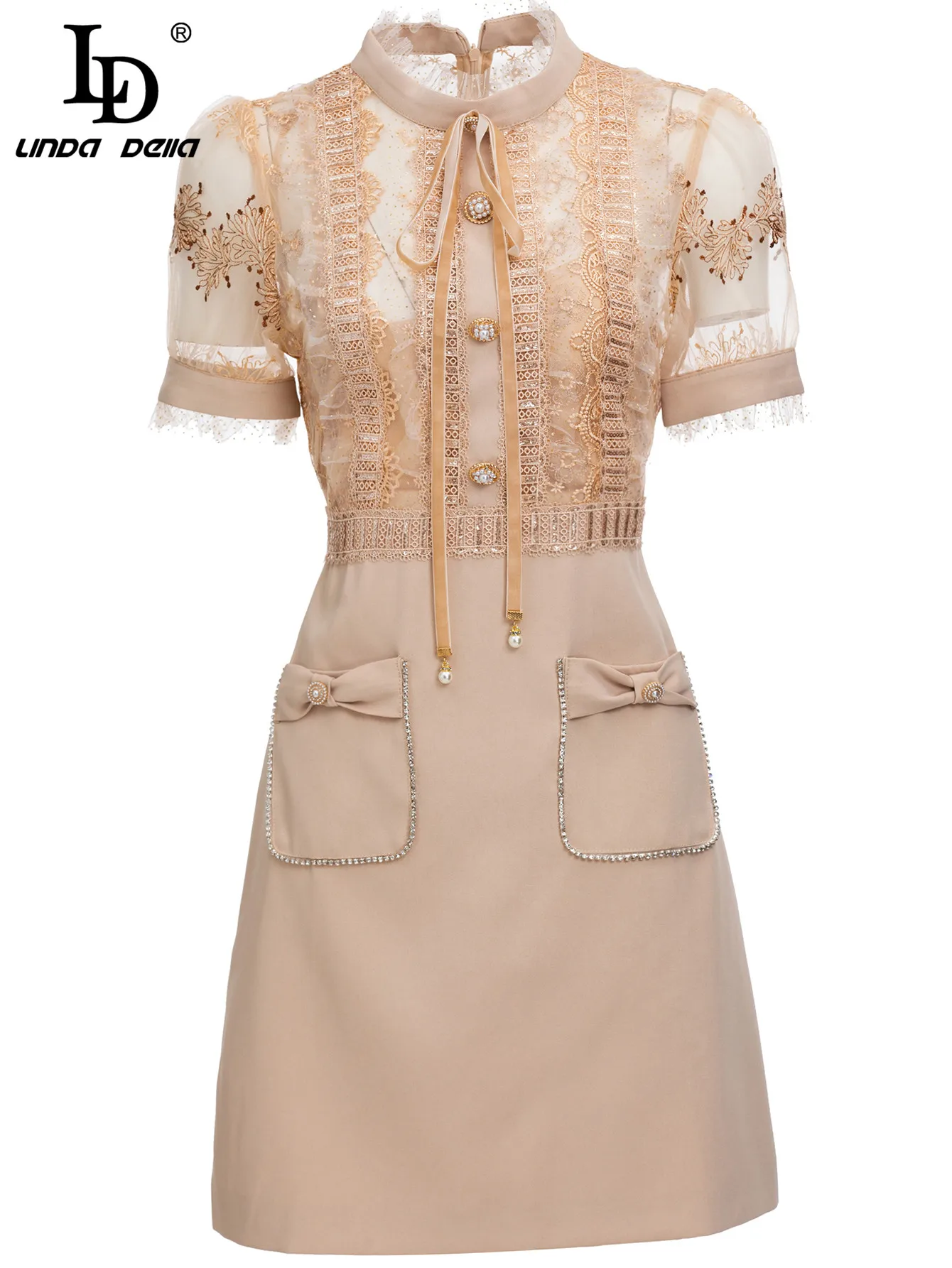

LD LINDA DELLA Fashion Runway Summer Short Dress Women's Mesh Short sleeve Embroidery Beading Pockets Casual Mini Dresses