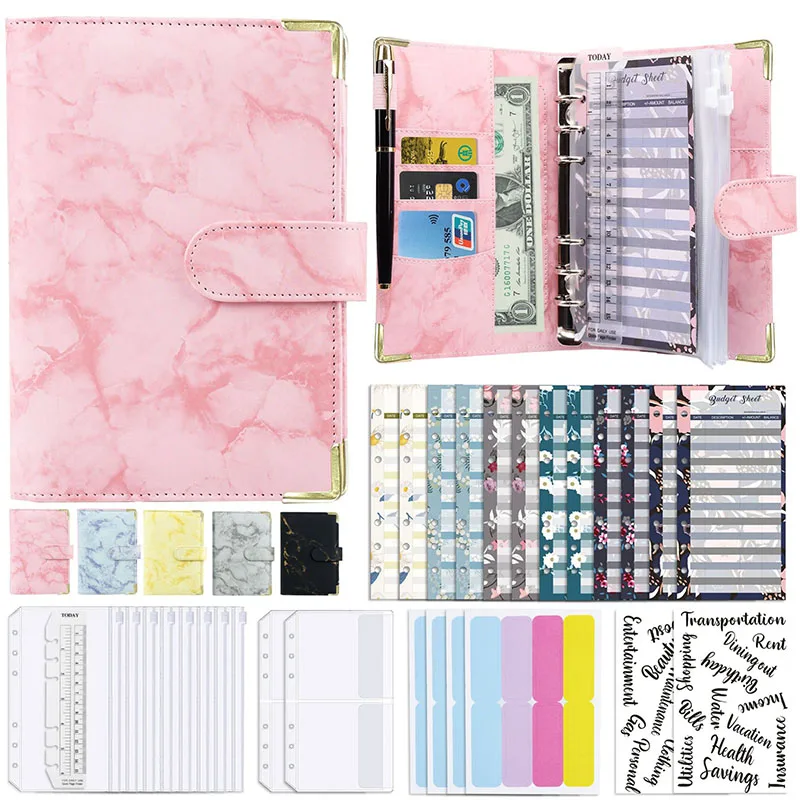 

A6 PU Leather Binder Budget Planner Organizer, with Budget Sheets ,Zipper Pockets,Category Stickers,Saving Cash Envelopes System