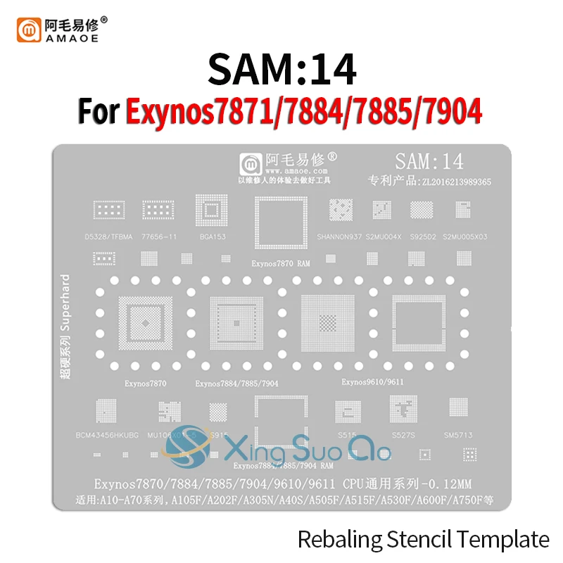 

Amaoe SAM14 BGA Reballing Stencil For Exynos 7870 7884 7885 7904 9610 9611 CPU A10 A30 A50 A70 A105F A600F RAM Power PA IC CHIP