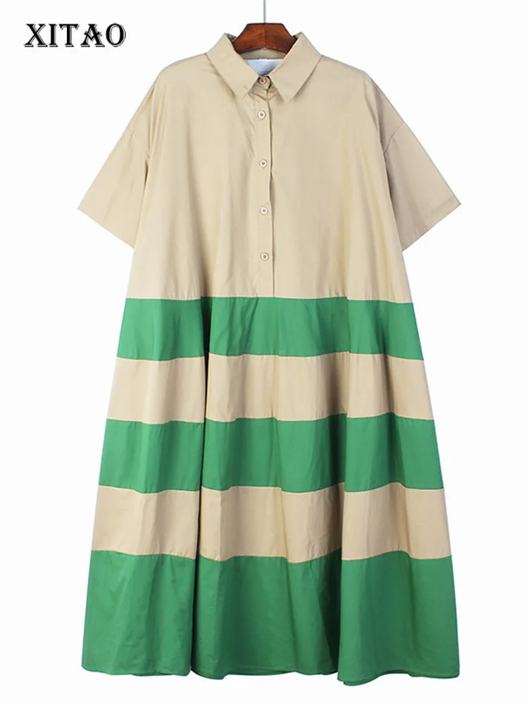 

XITAO Striped Dress Fashion Women Pleated Pullover Half Sleeve Hit Color Patchwork Pocket Goddess Fan Casual Style Dress WMD6876