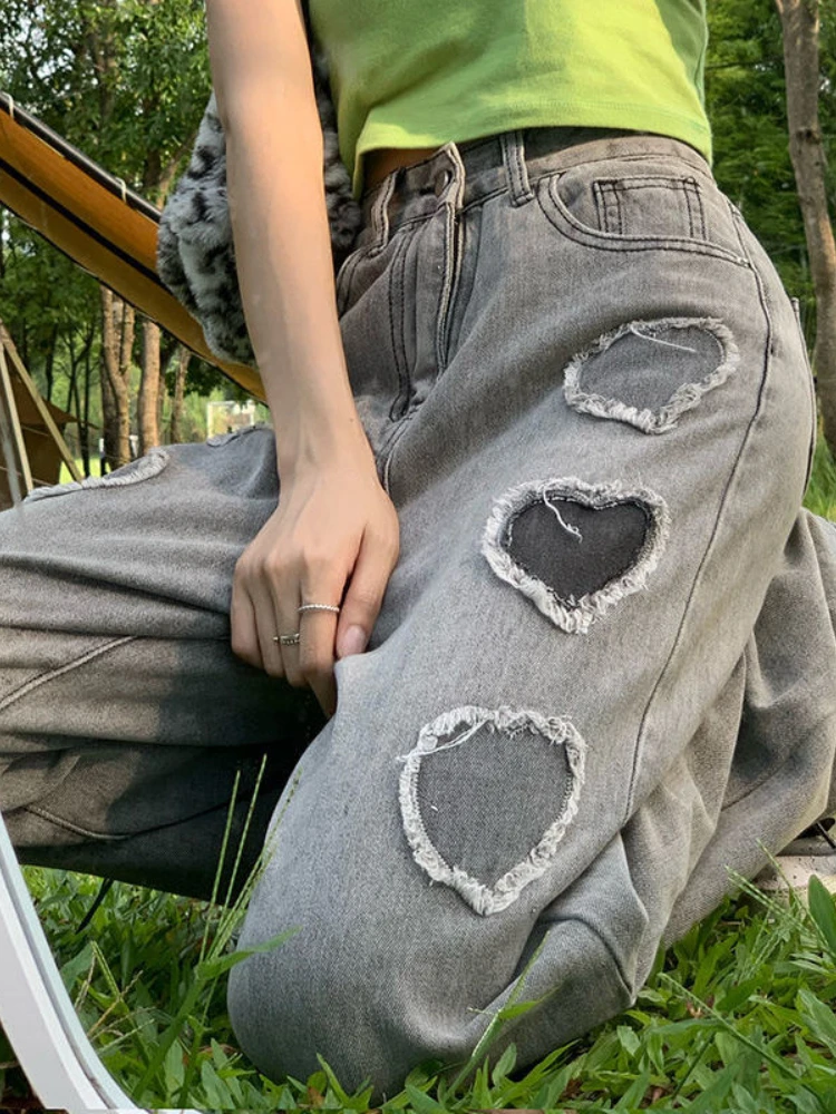 

Oversized Wide Leg Denim Pants Heart Design Harajuku Baggy Jeans Women Korean Streetwear Gray Female Kawaii High Waist Trousers