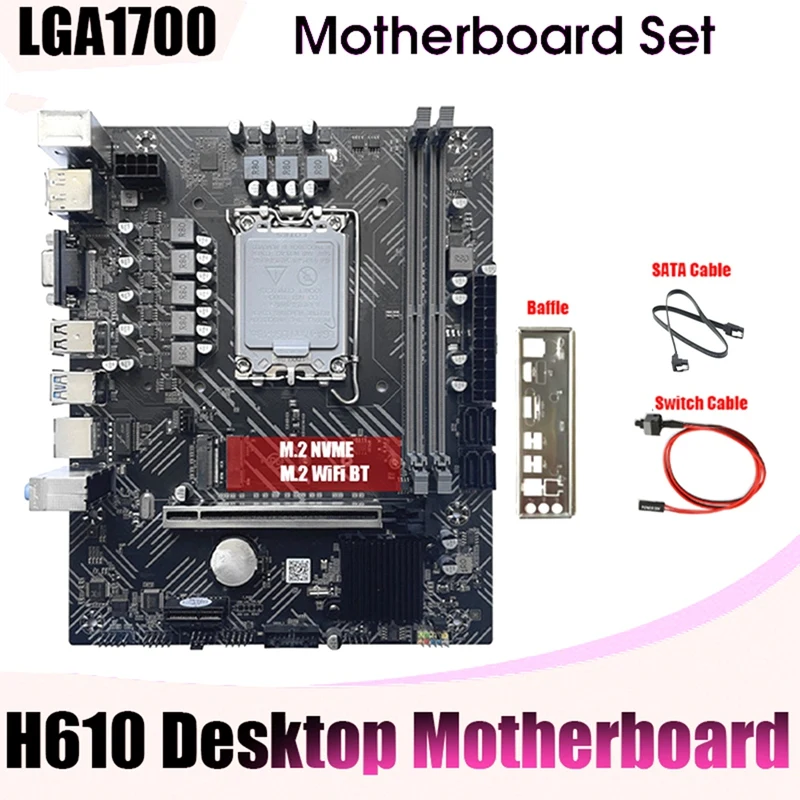 

Top Deals H610 Motherboard+SATA Cable+Switch Cable+Baffle LGA1700 DDR4 Gigabit LAN For G6900 G7400 I3 12100 I5 12500 12Th CPU