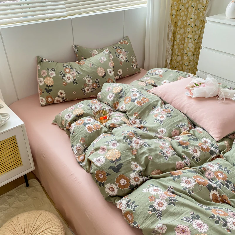 

Floral Printed Bedding nevresim takımı çift kişilik Washed Cotton and Linen Bed Sheet Sets Single/Queen/King Size Comforter Set