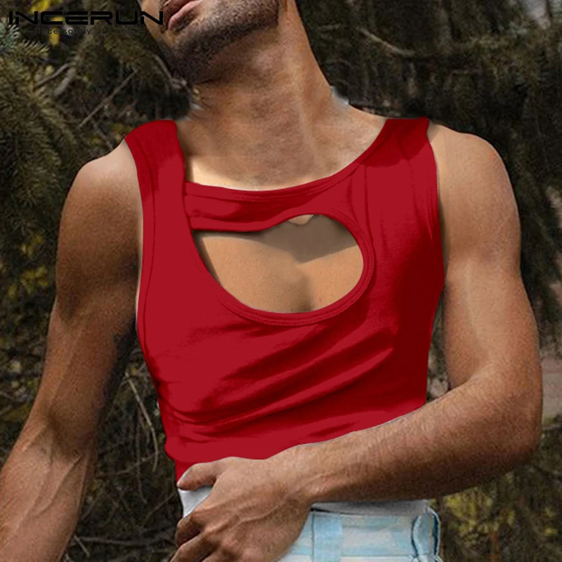 

Men Casual Tank Tops Solid Color Streetwear O-neck Sleeveless Hollow Out Vests Men 2022 Fitness Fashion Irregular Tops INCERUN