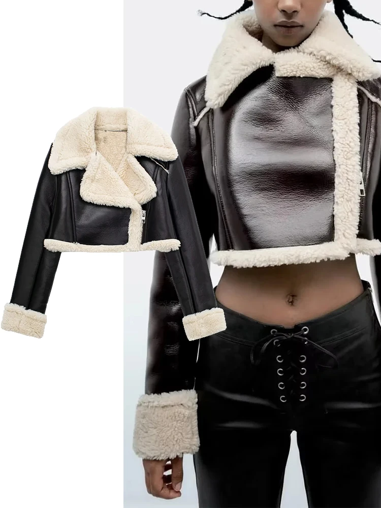 

TRAF 2022 Women Jackets Coat Fashion Warm Imitation Leather Lamb Hair Short Jacket Coats Female Outerwear Chic Tops