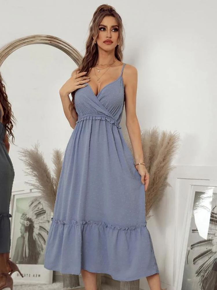 

Sling Sexy Dress Women V Neck Solid Color Temperament Swing Dresses Vest Print Swing Elegant Big Hem Strapless Midi 2022 Summer