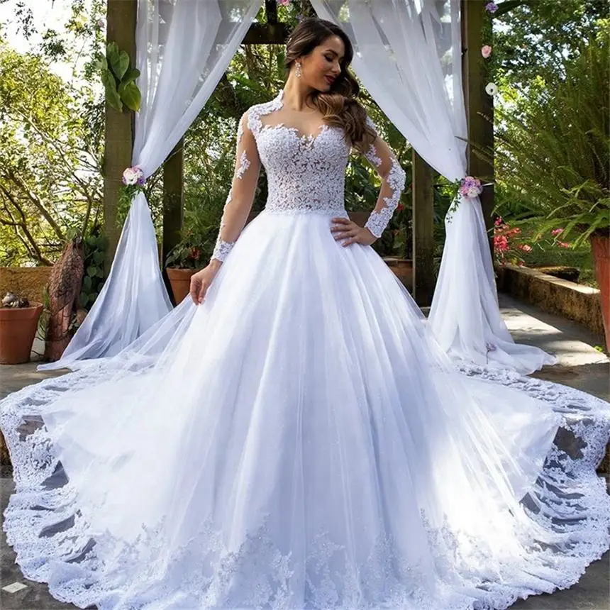

Custom Made Beading Long Sleeve Ball Gown Wedding Dress Lace Appliqued Bridal