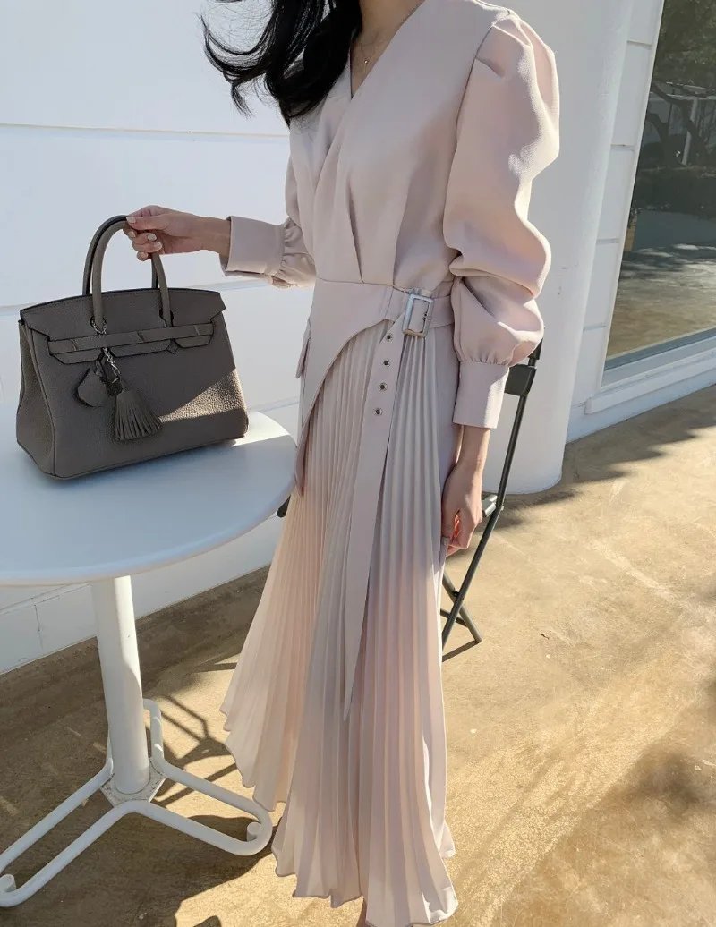 Плиссированные платья с v-образным вырезом туника на шнуровке по бокам Vestido