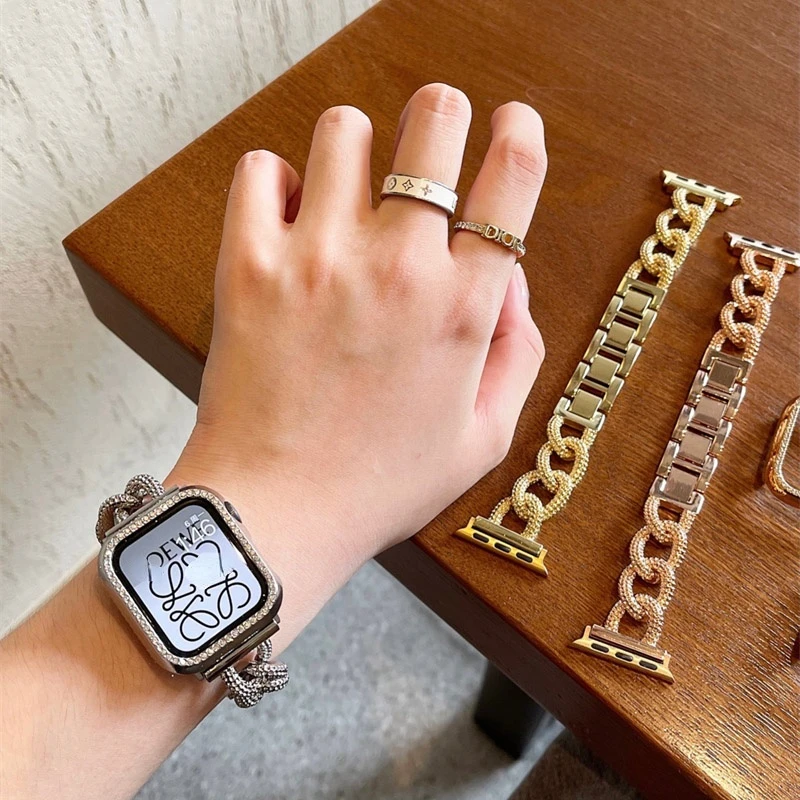 Купить Браслет из нержавеющей стали с бриллиантами для Apple Watch, золотистый ремешок 38 мм 40 мм Se 76543 41 45, роскошный женский браслет для IWatch серии 42 мм 44