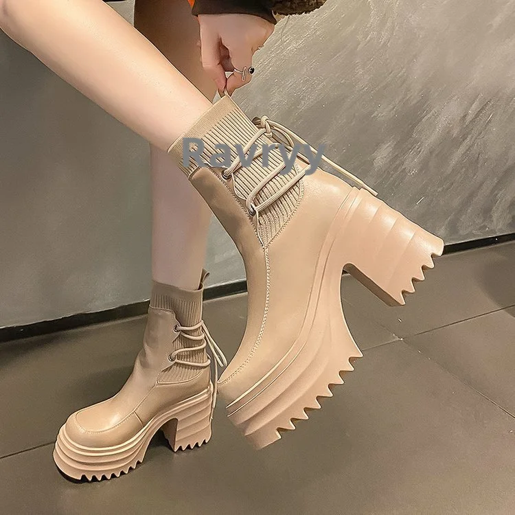 Autumn Winter Muffin Thick Bottomed British Style Knitting Boots Women's Thick Heels Elastic Band High Heels Short Boots
