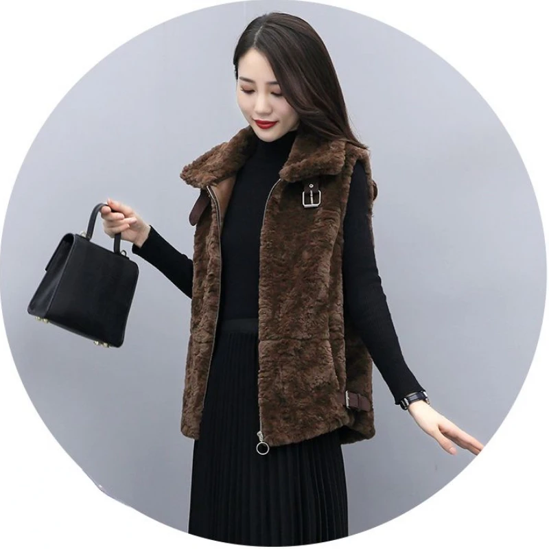 Winter Warm Wool Vests Women Faux Fur Sleeveless Jacket Cardigan Plus Size Zipper Pockets Korean Coats Harajuku Vintage Vest