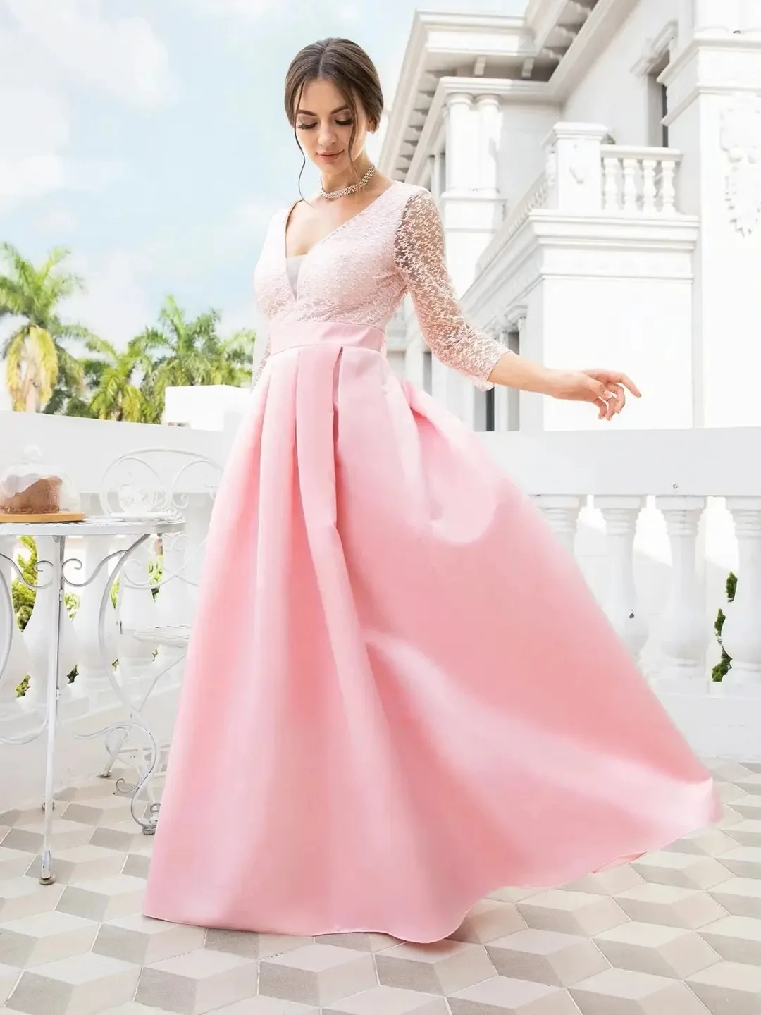 PLEINDI Luxurious Evening Dresses V-Neck Three Quarter A-LINE Floor-Length Chiffon 2022 New of Lace Ruched Prom Women Dress