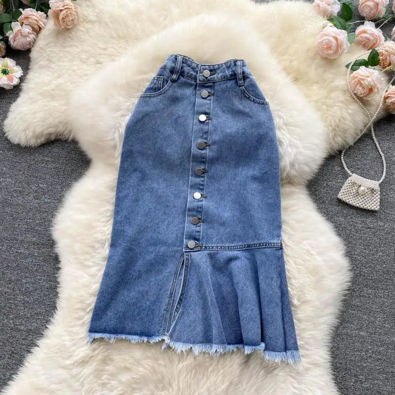 

Женская длинная джинсовая юбка, синяя винтажная джинсовая юбка с высокой талией и оборками, прямая трапециевидная юбка на пуговицах, элеган...
