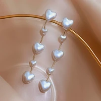 pearl heart tassel dangle earrings for women sweet romantic artificial pearl long drop earrings korea fashion girl jewwelry