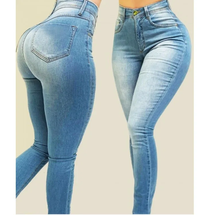 Fashion Women Denim Skinny Trousers High Waist Jeans Skinny Slim-Fit Washed Denim Long Pencil Pants Trousers For Female Sky Blue