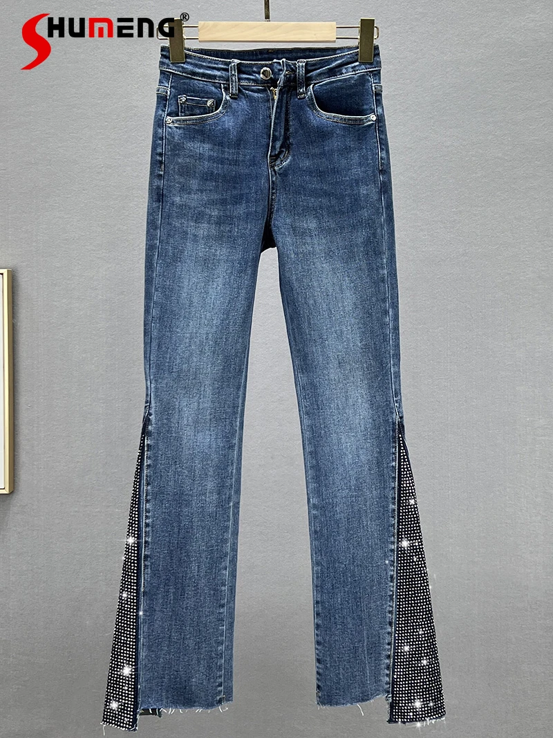 

Rhinestone Flare Jeans for Women 2022 New Autumn Stretchy High Waist Slimming Denim Bootleg Pants All-matching Loose Trousers