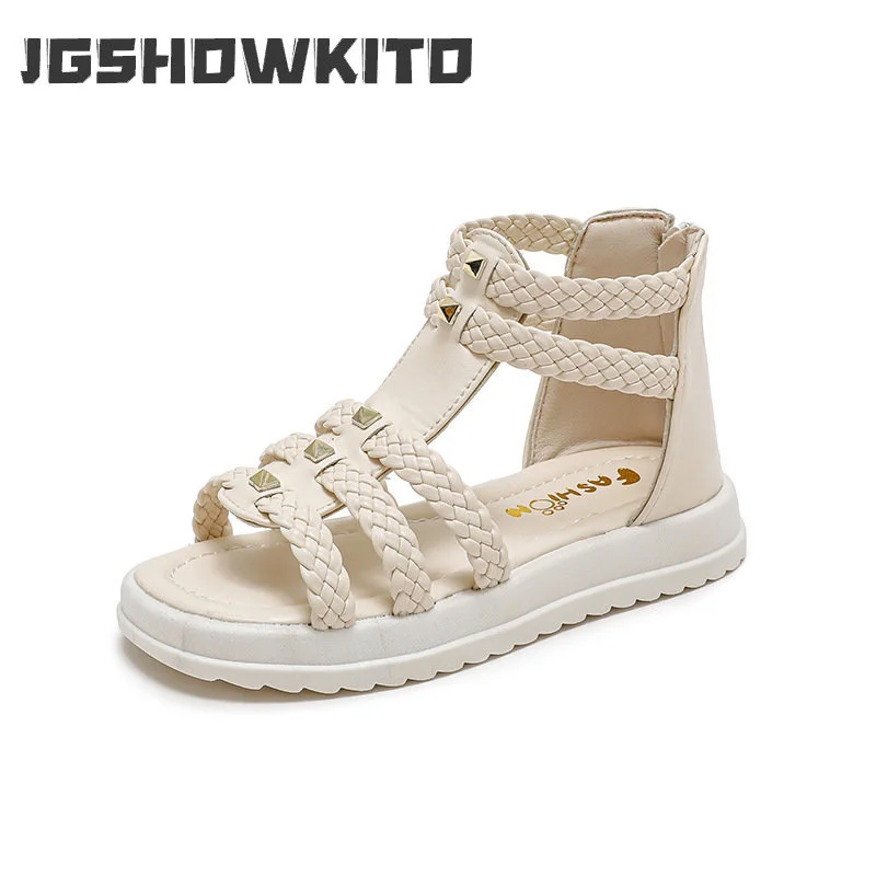 

Summer Sandals for Girls 2023 New Versatile Solid Color Korean Style PU Soft Non-slip Flat Casual Weave Roman Shoes for Princess