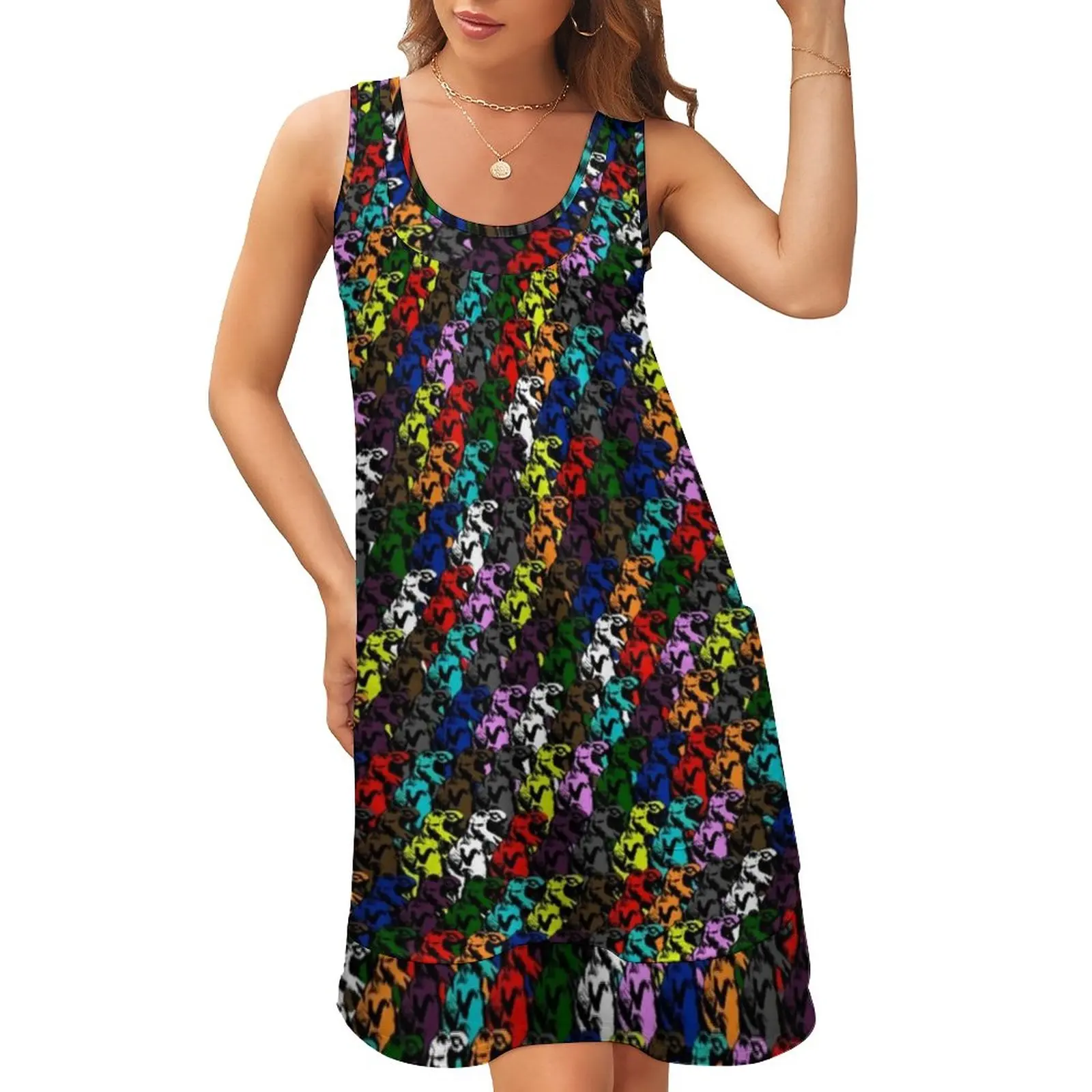 

Dinosaurs Rainbow Dress Abstract Animal Print Sleeveless Cute Dresses Women Street Wear Tank Dress Summer Graphic Vestido