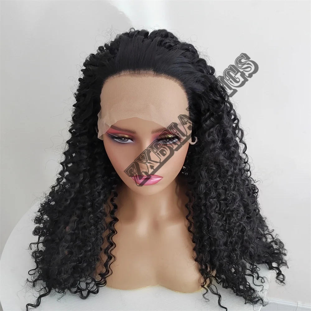 

Afro Kinky Curly Natural Black Color Synthetic Hair Lace Front Wig For Women Bleached Knots Lace Wig Glueless Cosplay Drag Fiber