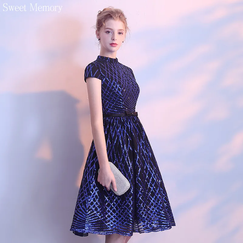 

N137 Black Blue Sequined Short Evening Dresses Girls Cap Sleeve A-Line Knee-Length Vintage Cocktail Party Dress Formal Gowns