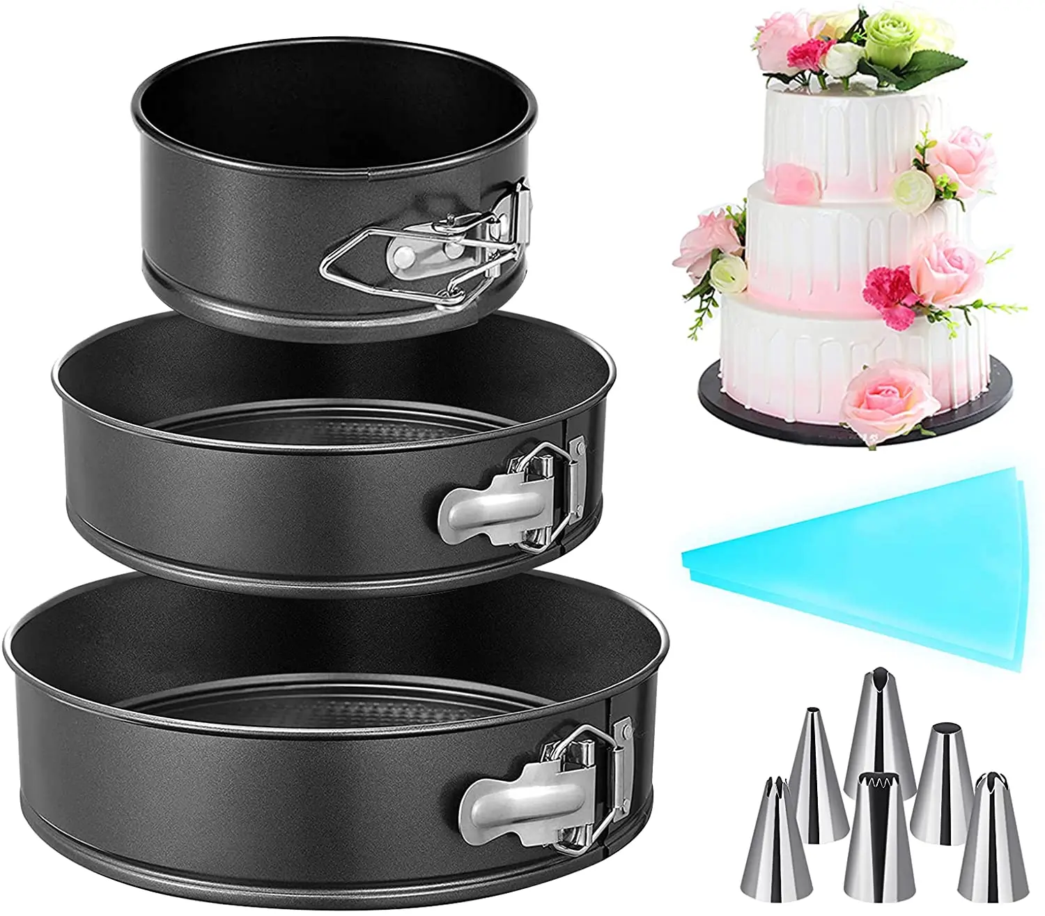 

3pcs springform cake tin set with 2 piping bags and 6 nozzles 4" 7" 9" steel nonstick leakproof cheesecake pans round cake molds