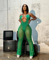mesh patchwork halter jumpsuits 2022 summer sexy backless bodycon stretchy hollow out green jumpsuit see through lace flare pant