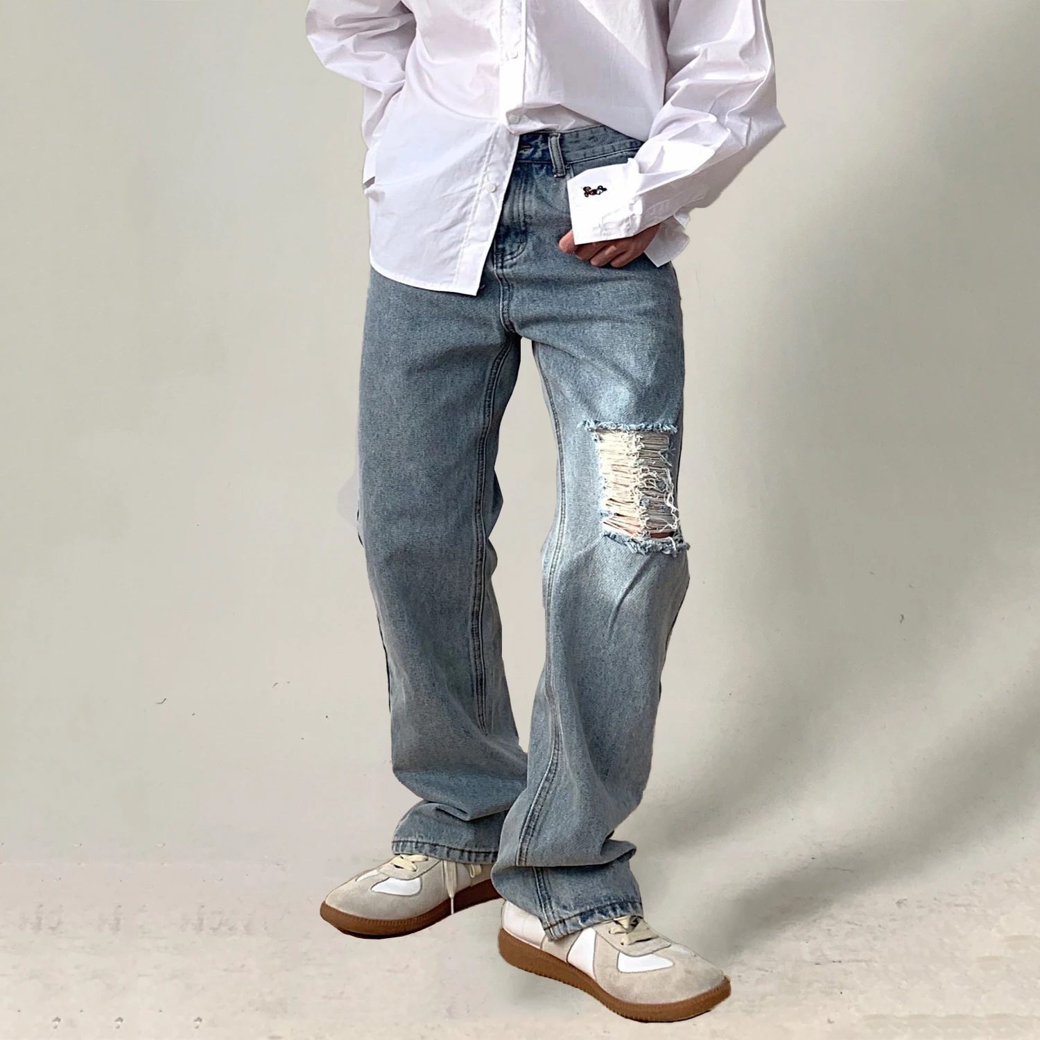 Four Seasons Men's Jeans Washed Shabby Solid Color Men's Jeans Y2k Pants Men's Trend Light Color Loose Straight Mop Pants Men's