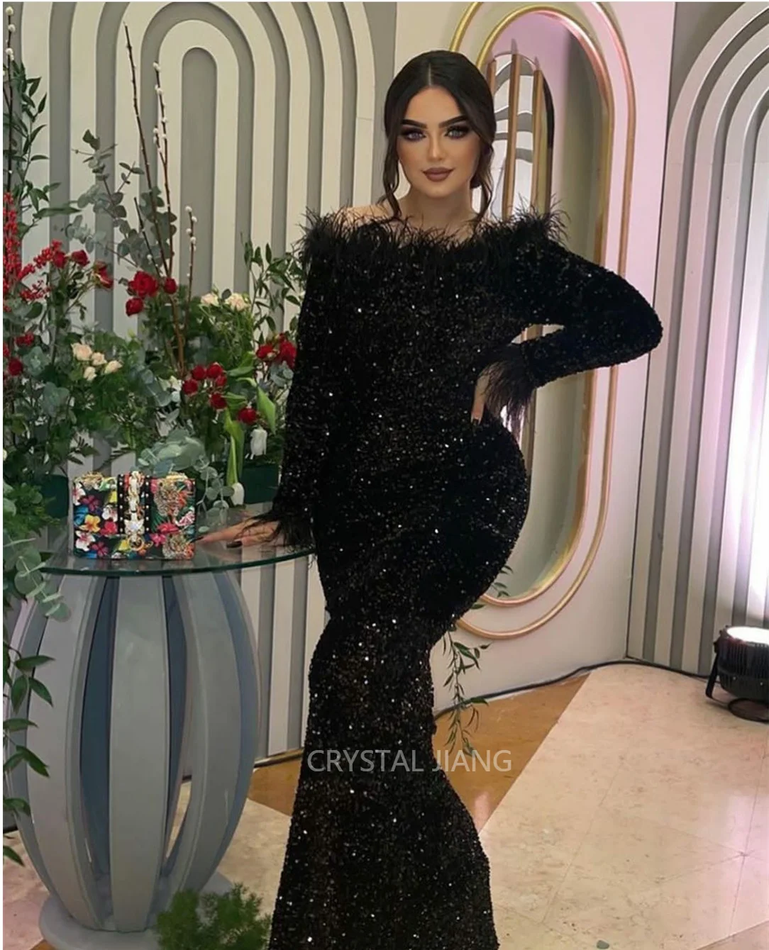 

Classy Long Sequined Boat Neck Evening Dresses Full Sleeves with Feathers Sheath Mermaid Sweep Train Party Dresses for Women
