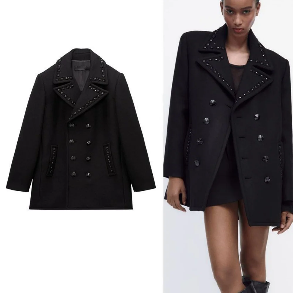 

Новинка, женское двубортное утепленное шерстяное пальто UETEEY Za с заклепками и черным пальто, Осень-зима