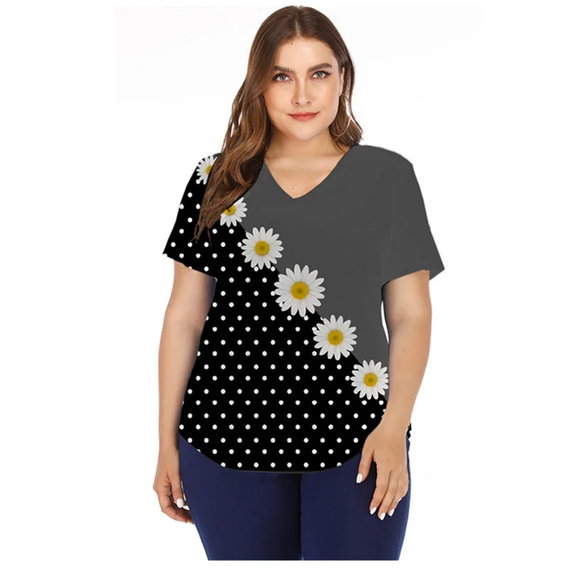 

6XL Summer Floral Print Tops Women Casual Short Sleeve Tshirt Loose V-Neck Fashion Tops Design Tee Female New Plus Size Clothing