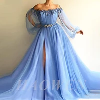 haowen blue off the shoulder evening dresses puff long sleeves appliques beaded belt tulle side split prom party gowns