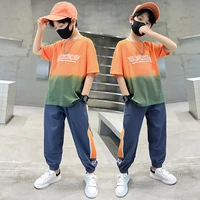 2022 summer child clothes teen boys sport sunny letter gradual color t shirt striped ice silk pants tracksuit 6 8 12 14 years