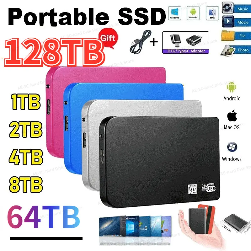 

Brand New Portable SSD 64TB 128TB 2TB External Hard Drive Type-C USB 3.0 High-Speed External Storage Hard Disks For Laptops/Mac