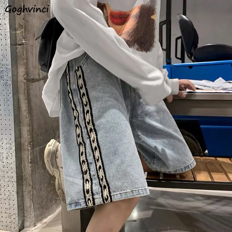 

Denim Wide Leg Shorts Women Retro Streetwear Baggy High Waist Side Stripes Design Students Unisex Vintage New Arrival Summer Ins